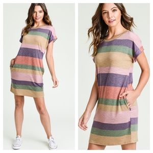 Dresses - Multi Color Striped Short Sleeve Dress with Pocket Dresses - Multi Color Striped Short Sleeve Dress with Pocket